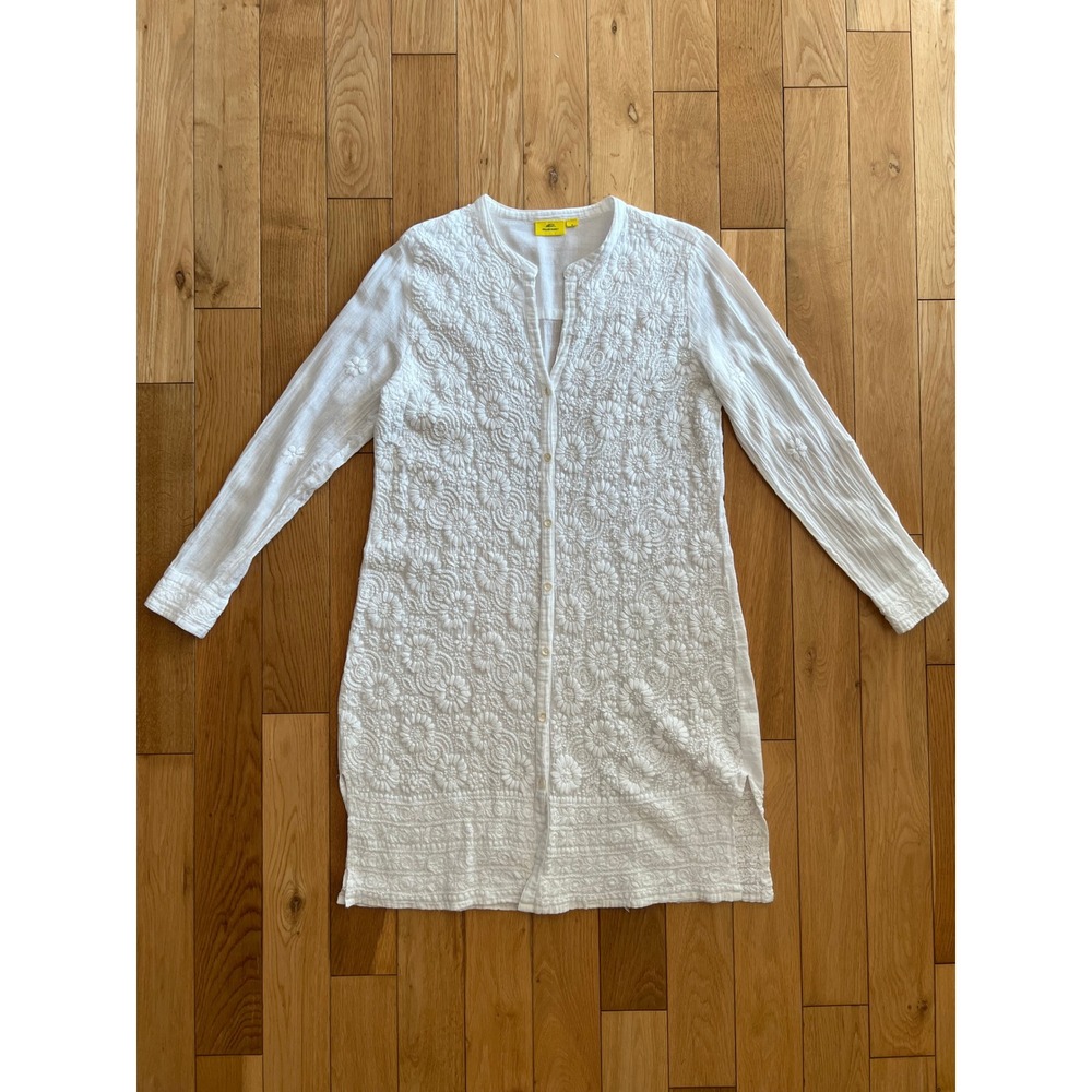 Roller Rabbit Embroidered Floral White Button Up Long Sleeve Tunic Shirt Dress M